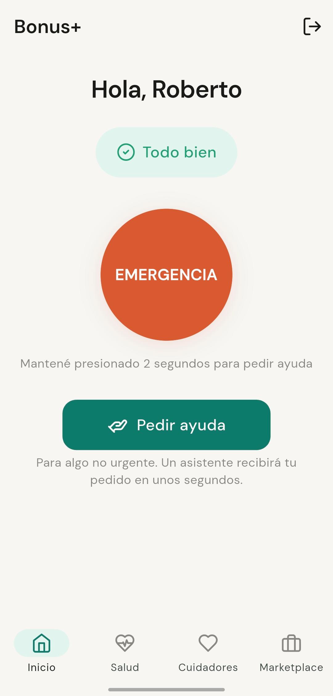 Dashboard familiar de Bonus+ que unifica salud, seguridad y servicios del adulto mayor en una sola pantalla.